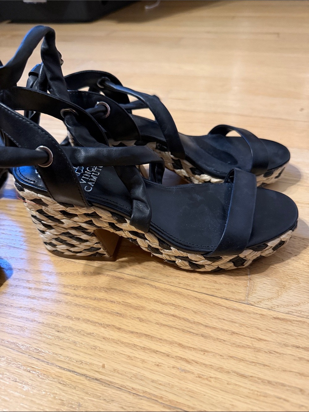 Vince Camuto Black Woven Espadrille Wedge Sandals with Ankle Wrap